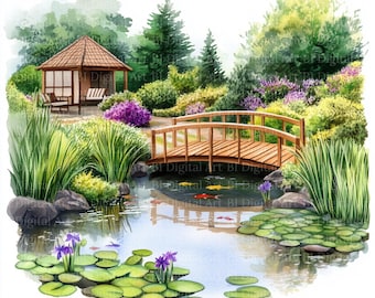 12 種類の庭の池のクリップアート、池のある春の庭の水彩風景、庭の