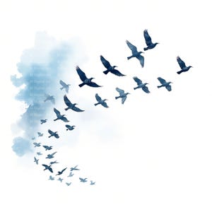 Puede incluir: Impresión de arte digital que representa una bandada de pájaros en vuelo, renderizada en tonos azules sobre un fondo blanco. Las aves se representan en varios tamaños, creando una sensación de profundidad y movimiento. La obra incluye un elemento similar a una nube.