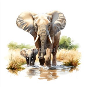 10 Éléphant avec bébé clipart, éléphant imprimable instantanément, clipart aquarelle éléphant, peinture murale éléphant, téléchargement numérique, artisanat en papier, JPG