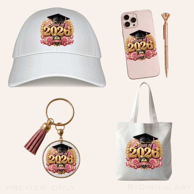 Class of 2026 Graduation Cap Clipart – Gold Roses, Pink Ribbon Design ...