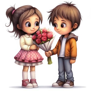 7 Erste-Liebe-Illustrationen-Teenager im Cartoon-Stil Cliparts, Valentinstag-ClipArt, JPG-druckbares Aquarell, digitaler Download, Journal