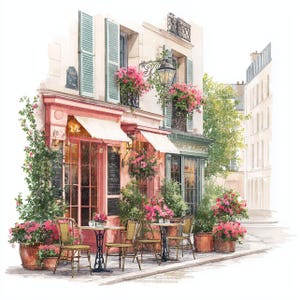 10 Paris Café Cliparts, Watercolor Street Scene Illustrations, French Bistro, High-Res JPGs, Junk Journal, Card Making, Digital Download