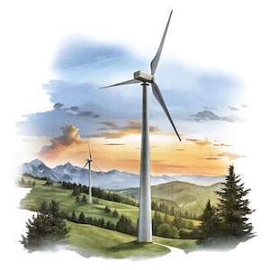 10 Windkraftanlagen-Cliparts, Windrad-Aquarell, Erneuerbare Energien, Hochwertige JPGs, Digitaler Download, DIY Projekte & Kartenherstellung