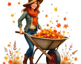 Autumn Woman Wheelbarrow Clipart, Watercolor Fall Leaves (Digital Download)