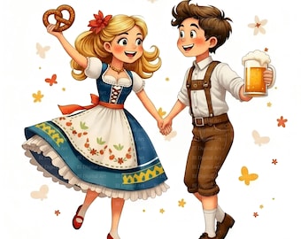 Oktoberfest Clipart – Bavarian Couple, Beer & Pretzel (Digital Download)