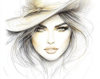 Woman Face Clipart in Line Art - Pencil Art Mix, Face Line Art Clipart, Printable Art, High-Quality JPGs, Digital Download, Paper Craft