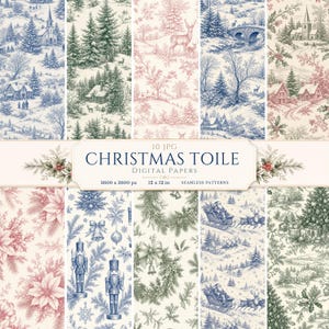 May include: A collection of ten digital papers featuring Christmas toile patterns in blue, green, and red ink on cream backgrounds. The designs include winter landscapes, churches, deer, nutcrackers, poinsettias, wreaths, and Santa in a sleigh.