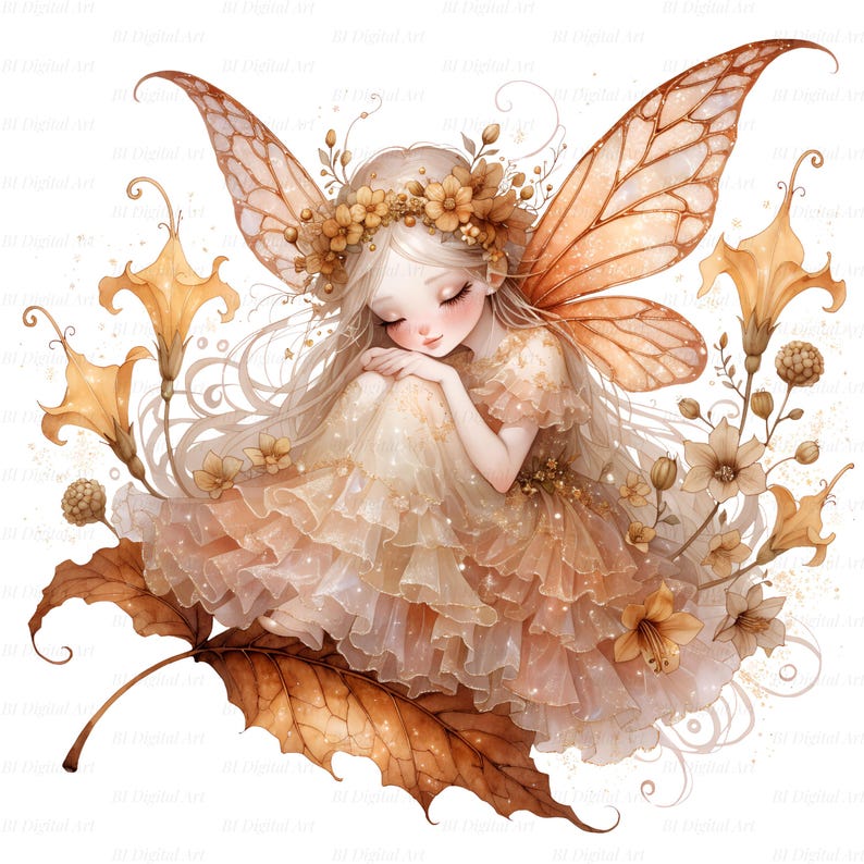 10 Garden Fairy Clipart, Cute Fairy Sitting on Leaf, Watercolor Flower ...