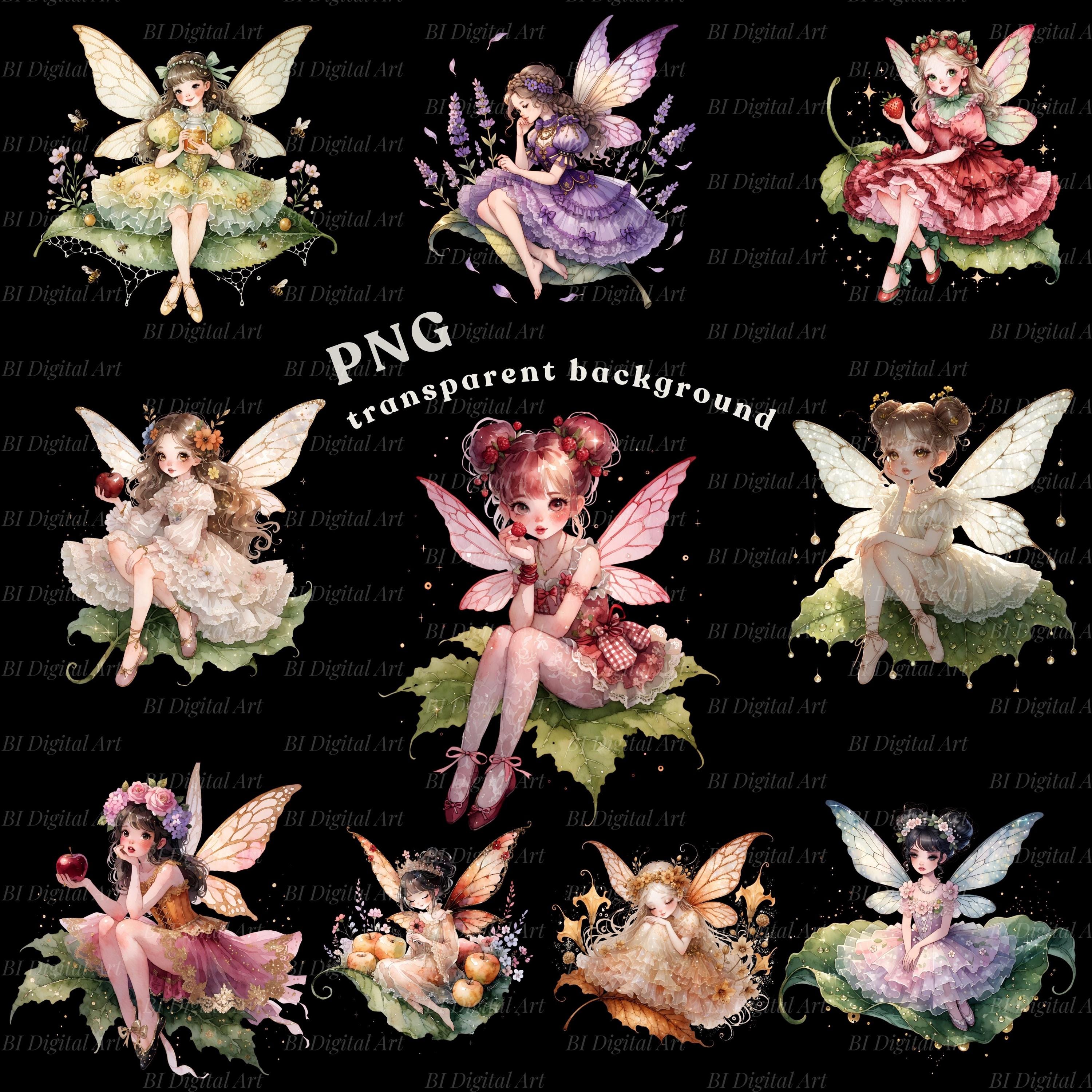 10 Garden Fairy Clipart, Cute Fairy Sitting on Leaf, Watercolor Flower ...