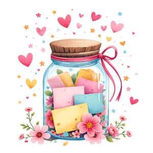 12 Friendship Jar Cliparts – Watercolor Notes & Hearts in a Glass Jar, Printable JPGs, Friendship Day, Card Making, Digital Download