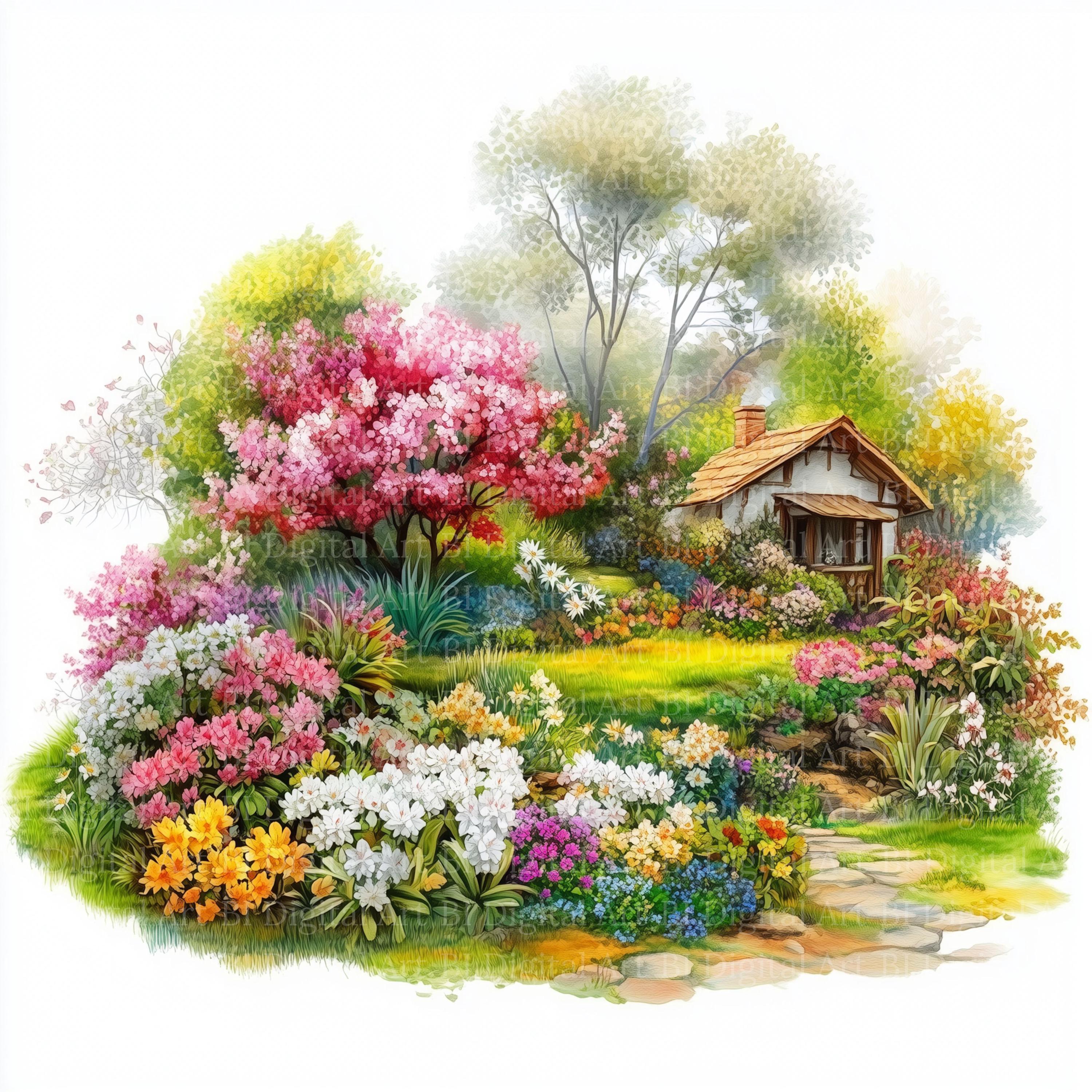 水彩画風の春の庭園クリップアート、花の風景画（デジタルダウンロード