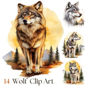 14 Wolf Cliparts, Printable Watercolor Wolf images, Sublimationdesign & Card making, Hi-Res PNG | JPG, Junk Journal, Digital Download