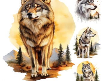14 Wolf Cliparts, Printable Watercolor Wolf images, Sublimationdesign & Card making, Hi-Res PNG | JPG, Junk Journal, Digital Download