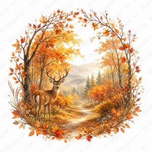 Peut inclure: Une illustration circulaire représentant un cerf avec des bois debout sur un chemin en forêt en automne. La scène est encadrée par des branches aux feuilles d'érable orange, jaunes et rouges, avec des montagnes visibles en arrière-plan.
