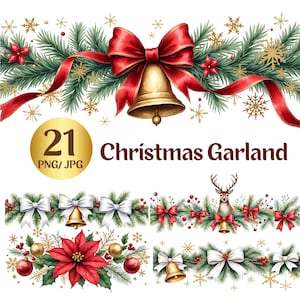 21 Christmas Garland Clipart, Festive-Xmas Borders with Bells & Poinsettias, Printable Watercolor Illustrations, PNG | JPG, Digital Download