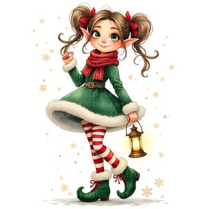 Jultomteflicka Clipart – Akvarell högtidsbilder (digital nedladdning)