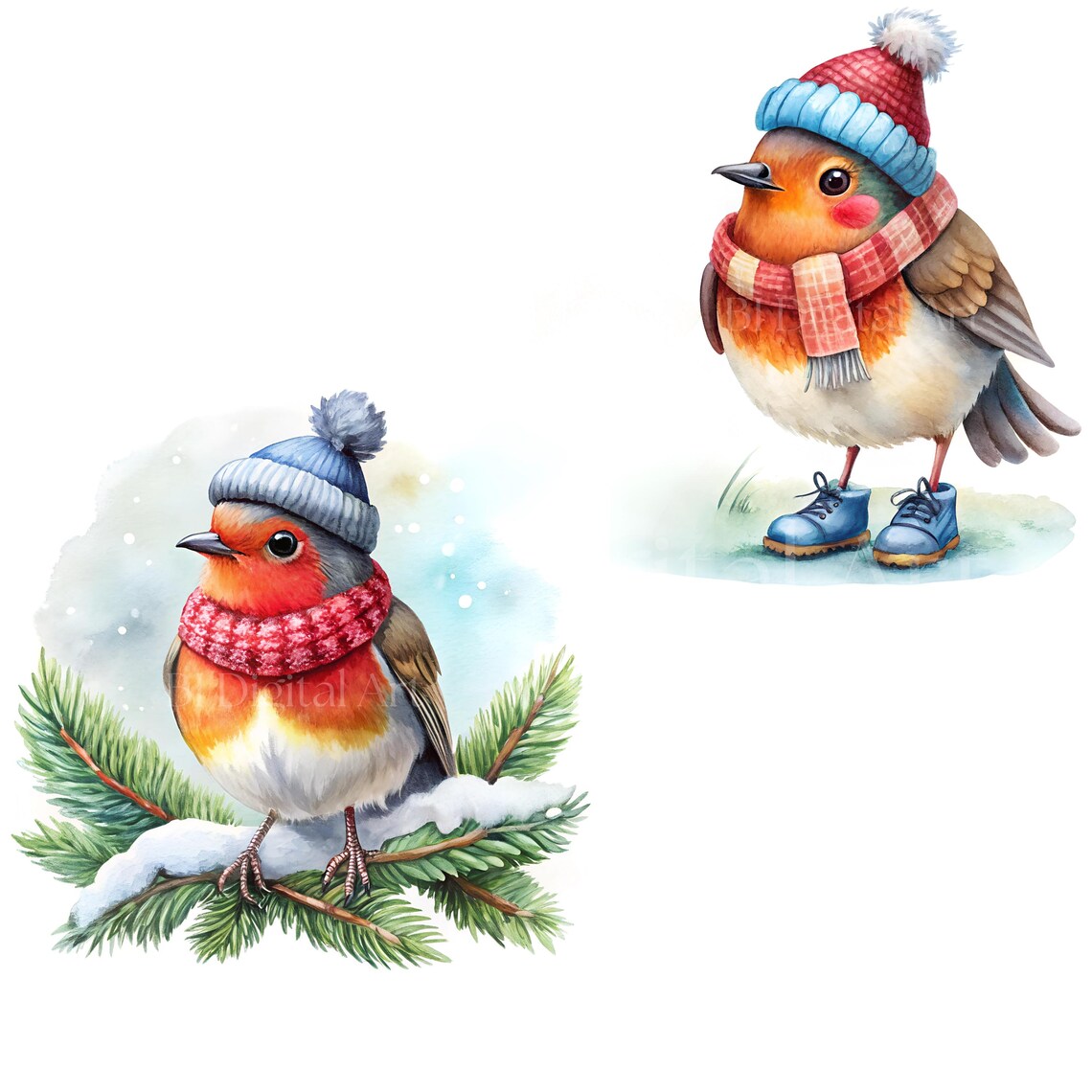 12 Christmas Robin Clipart, Winter Birds Clipart, Bird With Hat ...