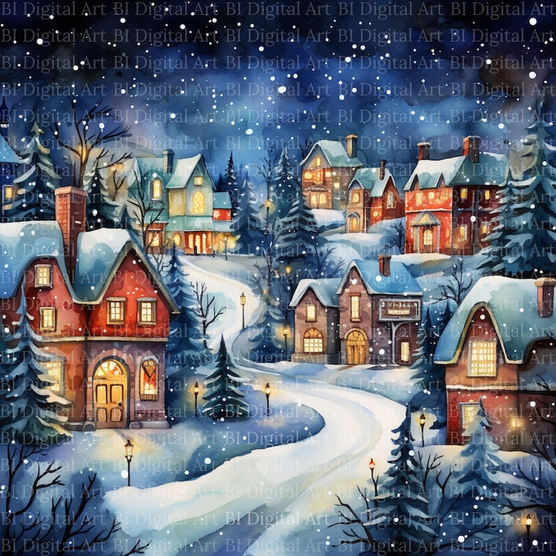 Winterliches Weihnachtsdorf in Aquarell.
Dieses stimmungsvolle Weihnachtsdorf-Set zeigt sieben liebevoll gestaltete Winterlandschaften mit verschneiten Häusern, leuchtenden Fenstern, hohen Tannen und einem ruhigen nächtlichen Himmel. Die warmen Lichtquellen, die geschwungenen Wege und die sanften Schneeflocken schaffen eine harmonische, festliche Atmosphäre – ideal für kreative Weihnachtsprojekte.