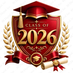 Clipart för examensklassen 2026 – Röd och guldfärgad sköldemblem med examensmössa och lagerblad (digital nedladdning av PNG JPG)