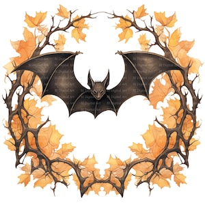 12 Bat with Autumn Wreath Cliparts, Halloween Bat Illustrations, Printable Watercolor PNG & JPG, Junk Journal, Card Making, Digital Download
