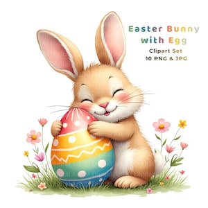 Può includere: Un simpatico coniglietto dei cartoni animati abbraccia un uovo di Pasqua colorato. L'uovo è decorato con strisce e pois. L'immagine include il testo "Easter Bunny with Egg Clipart Set 10 PNG & JPG".
