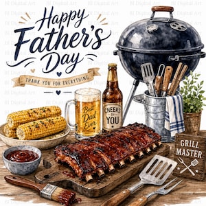 May include: A watercolour illustration for Father's Day, featuring a barbecue, grilled corn, ribs, beer, and a sign reading "Grill Master." Text includes "Happy Father's Day," "Thank you for everything," "Best Dad Ever," and "Cheers to You."
