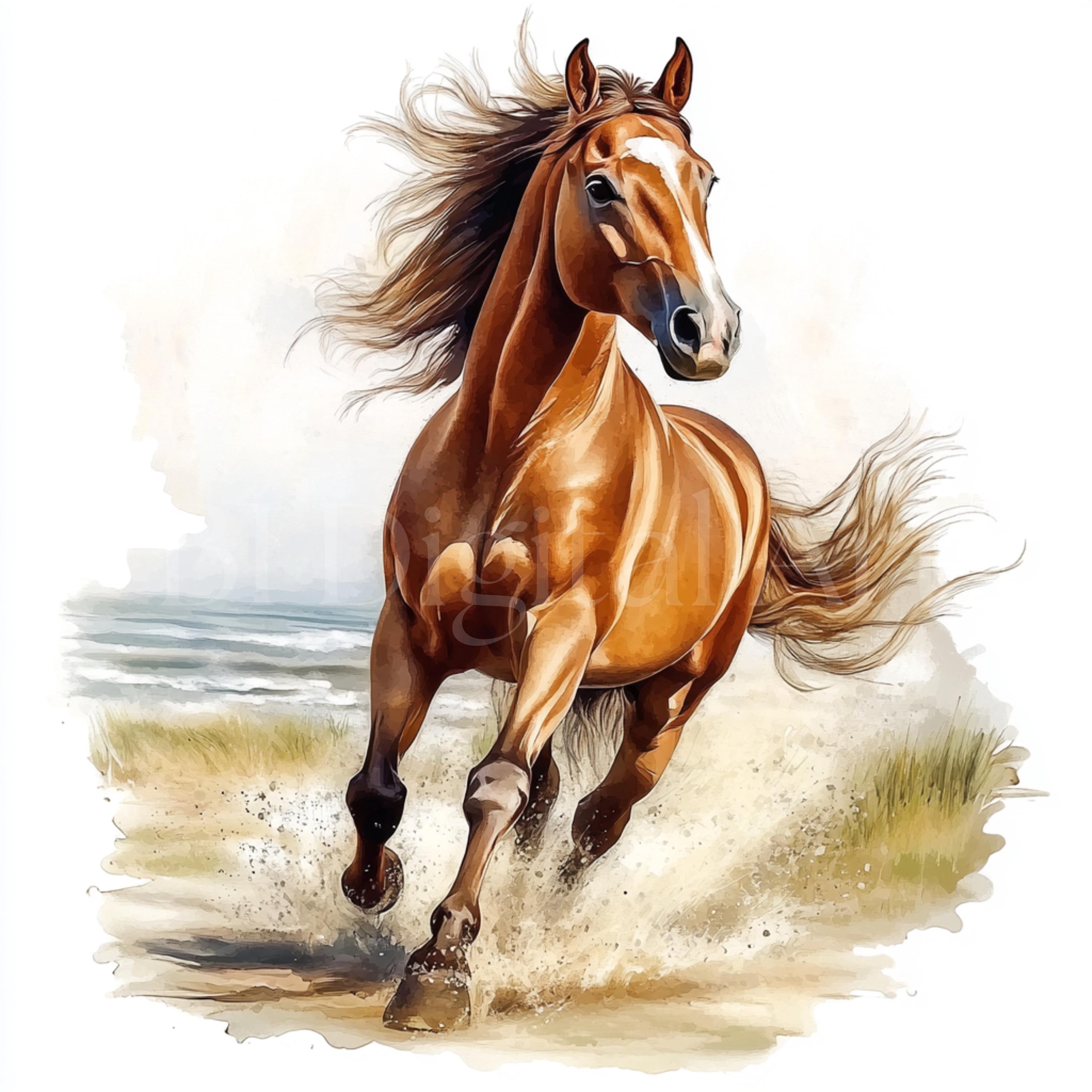 水彩画風の馬のイラストクリップアート、馬のウォールアート（デジタル