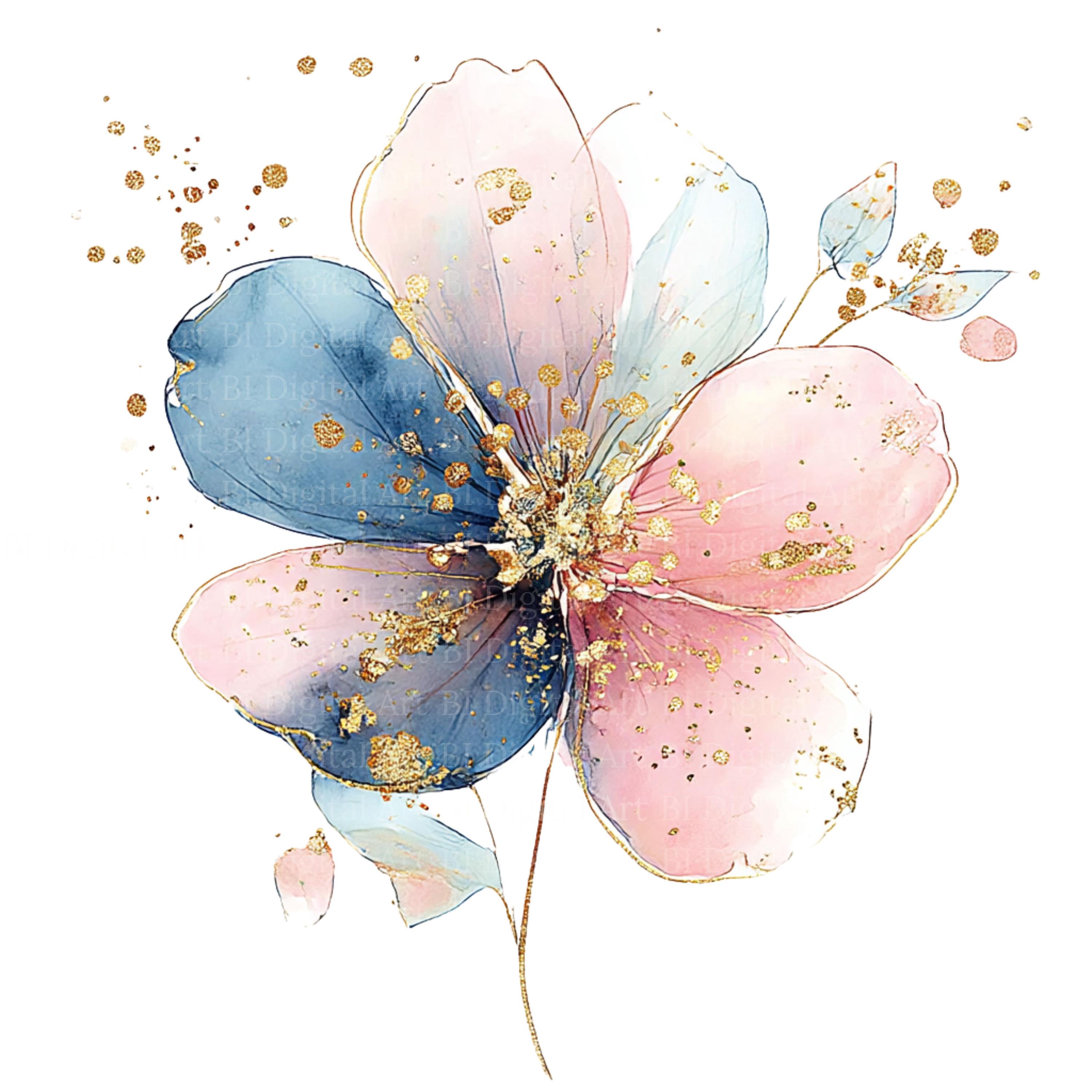 抽象的な水彩画風の花のクリップアート、青、ピンク、金色（デジタル