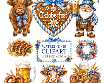 Oktoberfest Clipart, Bavarian Watercolor Clipart, Beer Pretzel Sausage Cow, German Festival PNG & JPG (Digital Download)