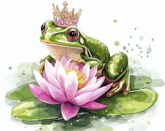 Aquarell Frosch Prinzessin Clipart, Krone, Seerosenblatt (digitaler Download)