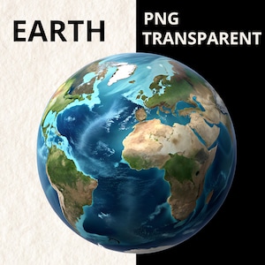 May include: A blue and green globe of the Earth with the continents and oceans visible. The text "EARTH" is in the top left corner and "PNG TRANSPARENT" is in the top right corner.