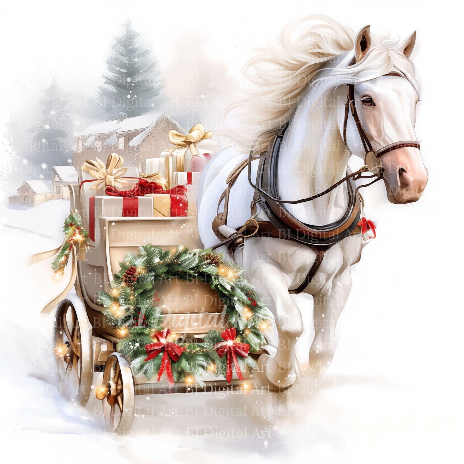 Watercolor Horse Sleigh Clip Art – Winter Christmas Landscape (digital ...