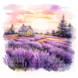 Imágenes prediseñadas de 8 campos de lavanda, paisaje de acuarela al atardecer, campo de lavanda provenzal, 8 archivos JPG, diario basura, arte mural, descarga digital