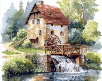 水彩画風水車小屋のクリップアート、風景イラスト（デジタル