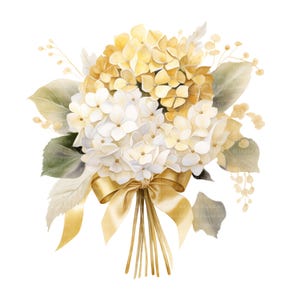 May include: A watercolor illustration of a bouquet of white and yellow hydrangeas tied with a gold ribbon. The bouquet features green leaves and delicate sprigs, creating a soft and elegant floral arrangement.