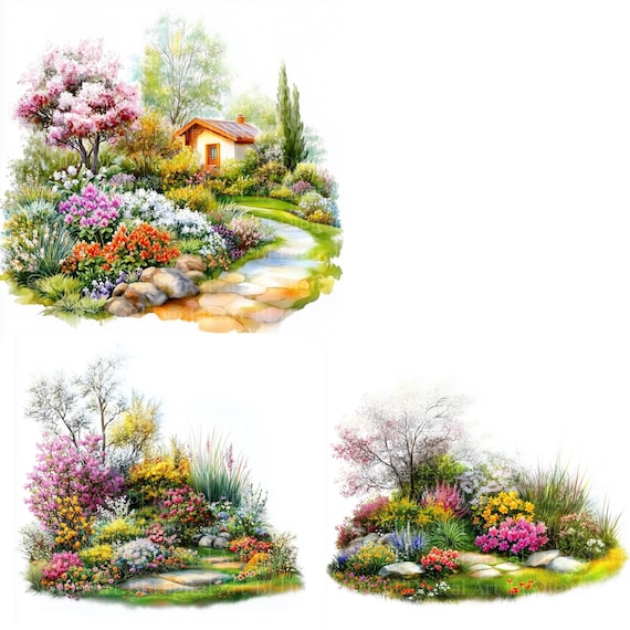 水彩画風の春の庭園クリップアート、花の風景画（デジタルダウンロード
