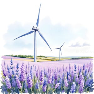 Lavendelfeld mit Windrädern, 7 Windkraft Cliparts im Aquarellstil, JPG Druck, Erneuerbare Energie, Nachhaltigkeit Design, Digitaler Download
