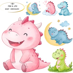 Baby Dinosaurier Cartoon Cliparts, 18 Transparente PNGs | JPGs, digitaler Download, Sublimation Design, Kinderzimmer Dekor, Papier Handwerk