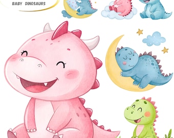 Baby Dinosaur Cartoon Clipart, Watercolor Dino PNG JPG (Digital Download)