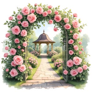 Op de afbeelding: Een aquarel illustratie van een tuinscene met een met rozen bedekte boog. De boog omlijst een pad dat leidt naar een prieel, met weelderige roze rozen en groen. De scène roept een gevoel van rust en schoonheid op.