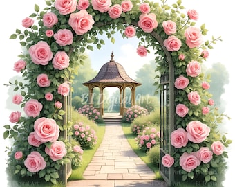 15 clipartafbeeldingen van rozentuinen – romantische bloemenbogen, tuinpaden en tuinscènes, aquarel JPG digitale download