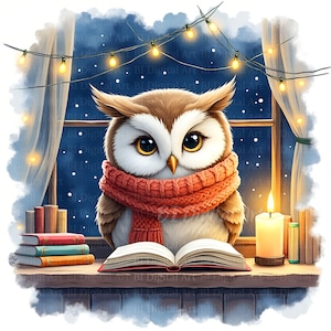 May include: A digital illustration of a brown owl wearing a red scarf, reading a book by a window. A lit candle and string lights add to the cozy scene. Books are stacked on the windowsill.