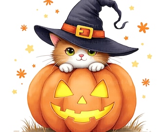 ハロウィン猫のクリップアート – 水彩画風の魔女の帽子とカボチャ