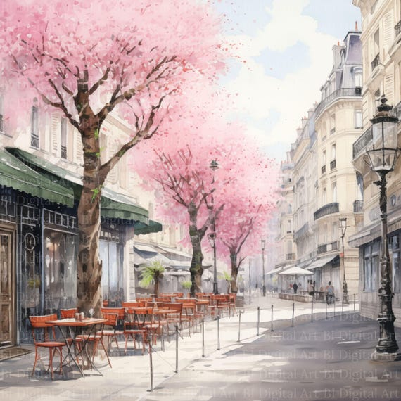 水彩画風パリのカフェのクリップアート、フレンチビストロの風景
