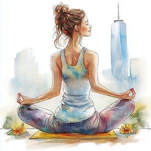10 Frau meditiert in der Stadt Cliparts, Meditation Illustrationen, druckbare Aquarell, Digitaler Download, Hochwertige JPGs, Junk Journal
