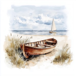 Aquarell Boot Clipart, Strandszene, Altes Boot Kunst (digitaler Download)