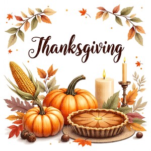 May include: Thanksgiving-themed illustration featuring pumpkins, corn, and a pie. The image includes the word "Thanksgiving" in elegant script, surrounded by autumn leaves and a lit candle. The color palette is warm, with orange, brown, and yellow hues.