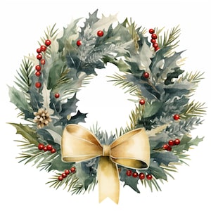 10 Christmas Wreath Cliparts, Printable Watercolor Christmas Images, Hi-Res JPG, Junk Journal, Scrapbooking, Card Making, Instant Download