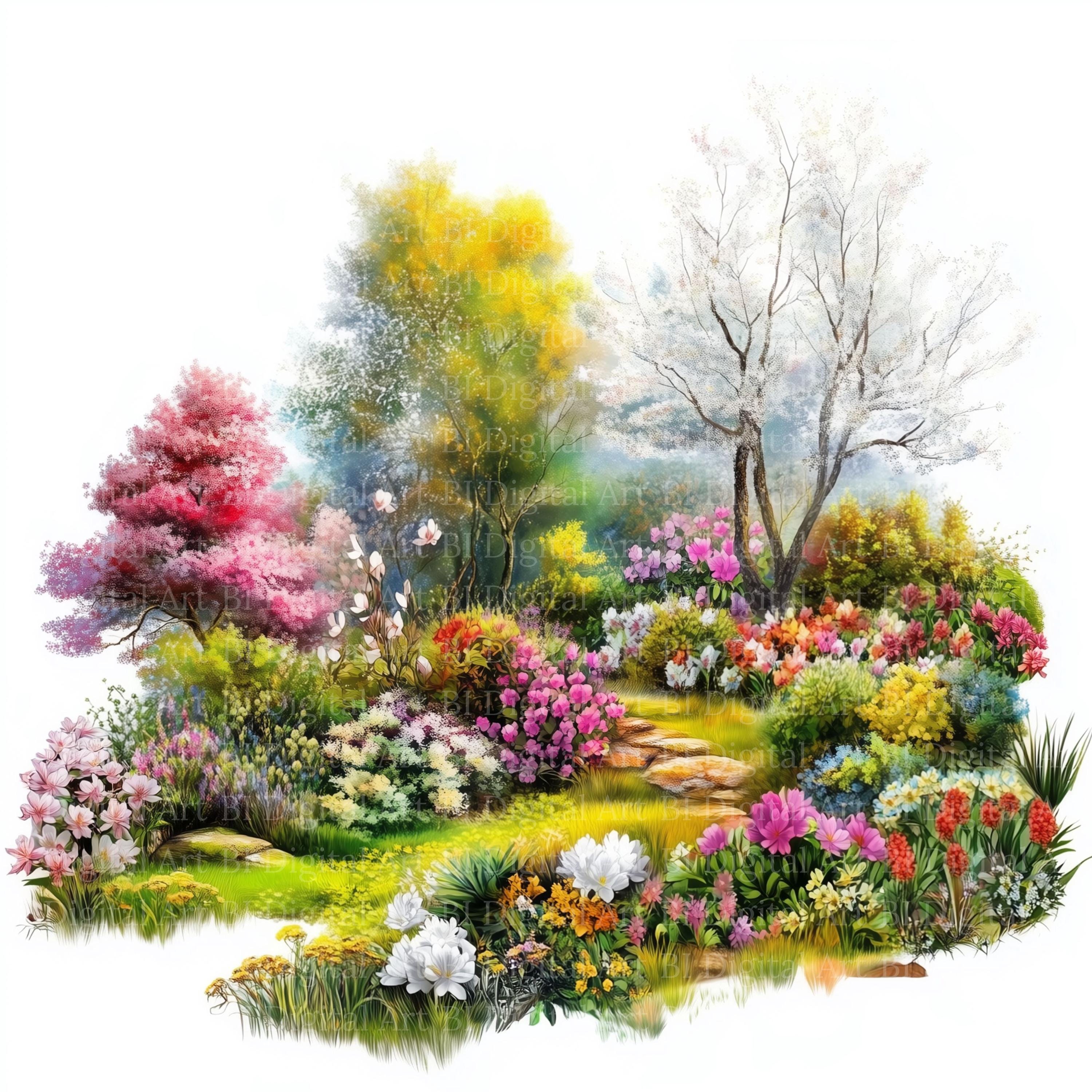 水彩画風の春の庭園クリップアート、花の風景画（デジタルダウンロード