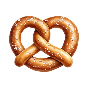 Op de afbeelding: Waterverfillustratie van een pretzel, een bakkerijproduct. De pretzel heeft een goudbruine kleur, met een snufje witte zoutkristallen. De pretzel is een traditioneel voedingsmiddel.